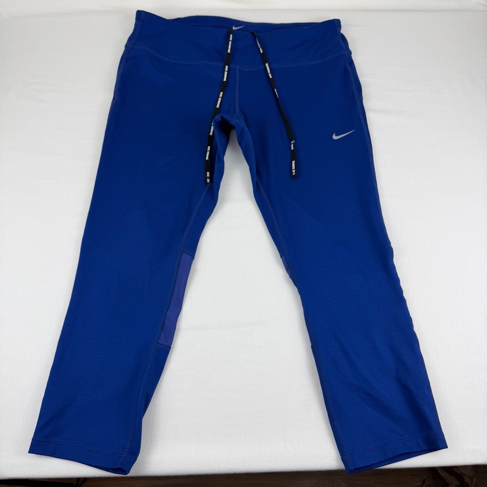 Nike Dri-Fit Running Leggings Womens Large blue Inner Pockets Drawstring Mesh